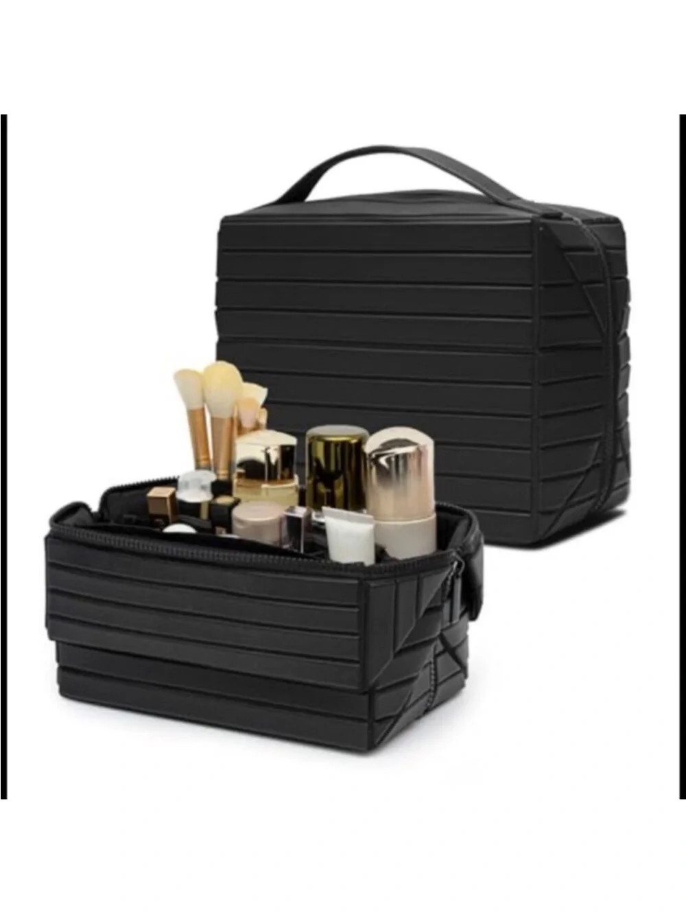 PU Leather Large Capacity Cosmetic Bag with Fold-Down Design and Adjustable